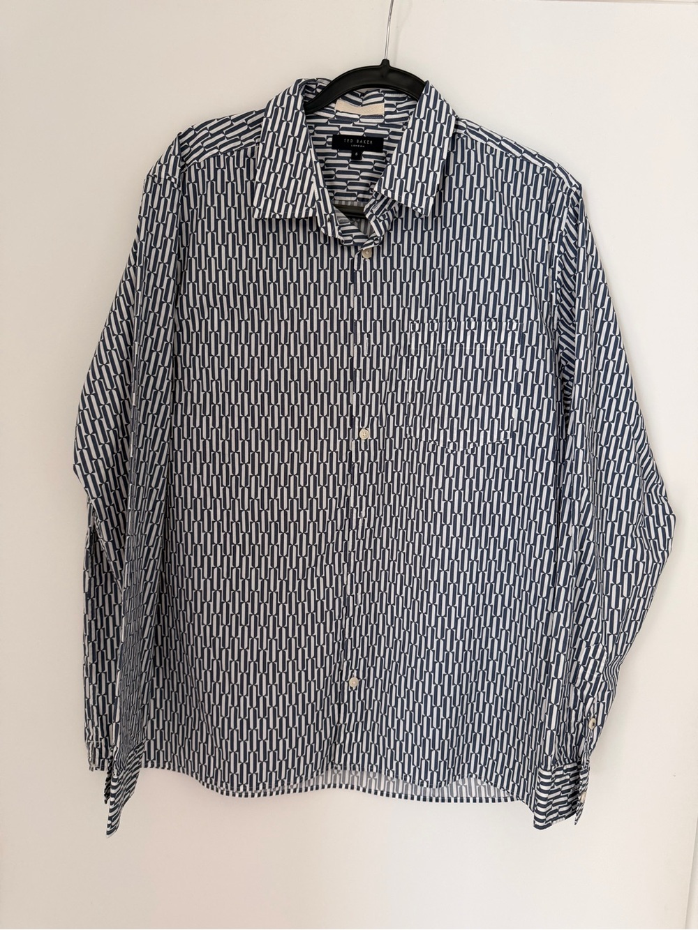Ted Baker Navy and White Geometric Print Button-Up Shirt
